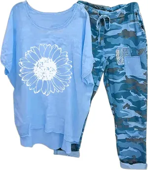 2 Piece Linen Set for Women Summer Outfits Plus Size Short Sleeve Graphic Tees Camo Pants Lounge Matching Sets