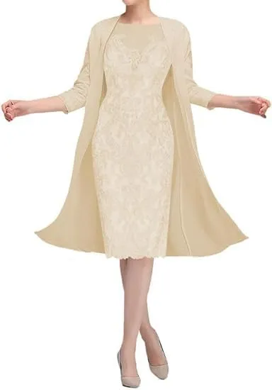 2 Piece Mother of The Bride Dresses with Jacket Chiffon Lace Sheath Evening Dresses for Wedding Guest Midi Length