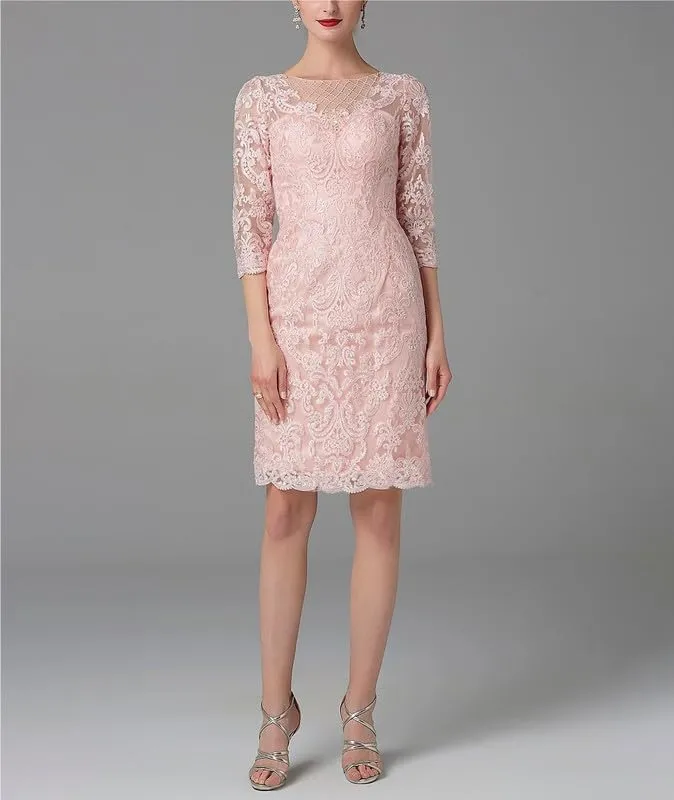 2 Piece Mother of The Bride Dresses with Jacket Chiffon Lace Sheath Evening Dresses for Wedding Guest Midi Length