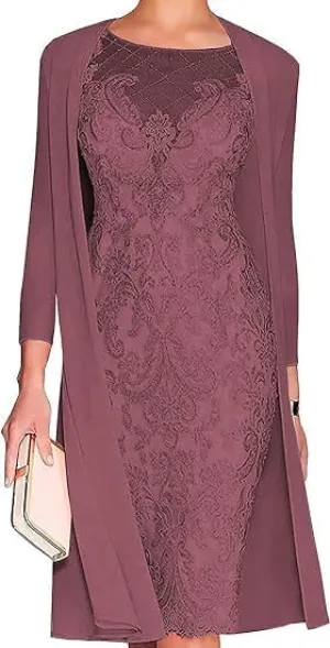 2 Piece Mother of The Bride Dresses with Jacket Chiffon Lace Sheath Evening Dresses for Wedding Guest Midi Length