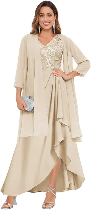 2 Pieces Mother of The Bride Dresses for Wedding Long Lace Chiffon Formal Evening Gowns with Jacket