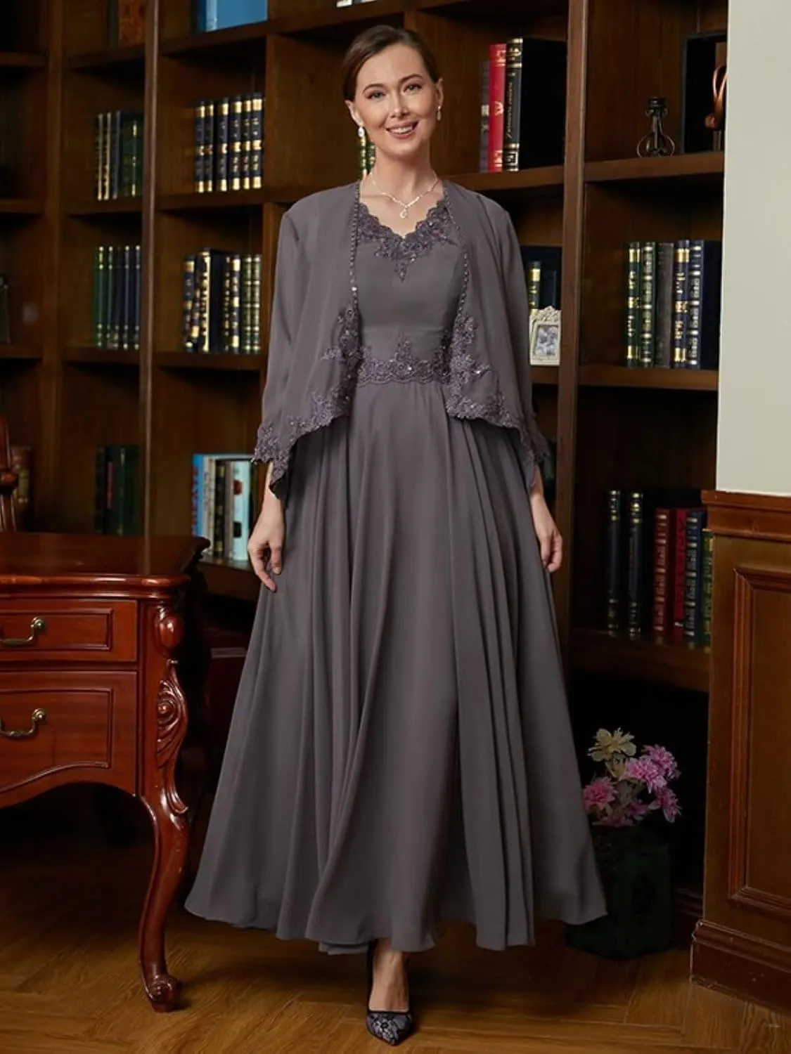2 Pieces Mother of The Bride Dresses for Wedding Long with Jacket Chiffon Lace Semi Formal Evening Gown
