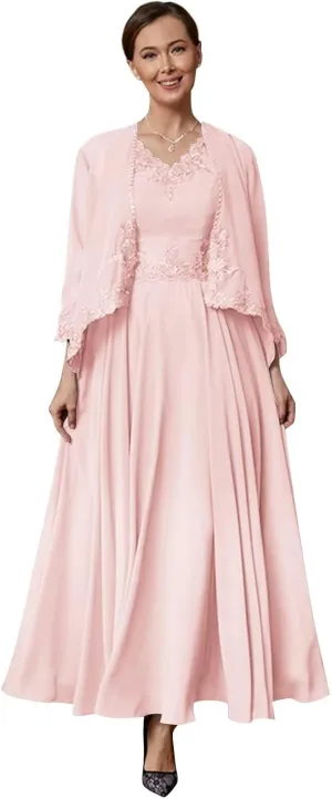 2 Pieces Mother of The Bride Dresses for Wedding Long with Jacket Chiffon Lace Semi Formal Evening Gown