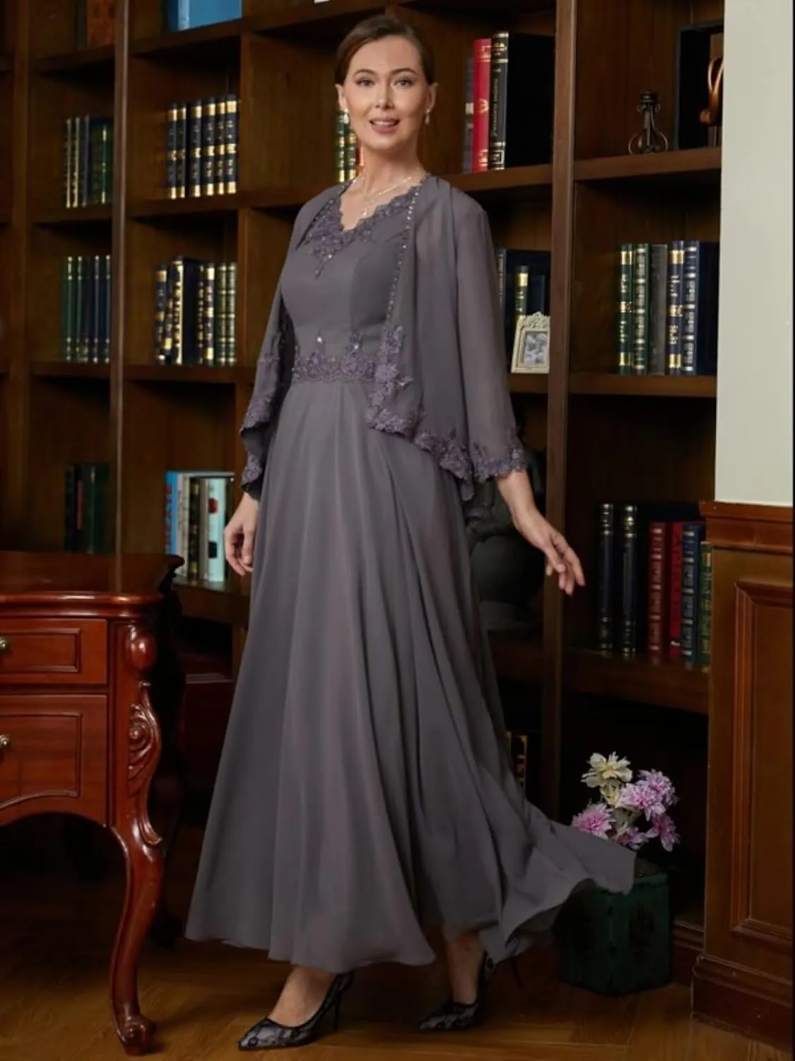 2 Pieces Mother of The Bride Dresses for Wedding Long with Jacket Chiffon Lace Semi Formal Evening Gown