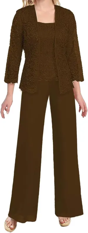 3 Piece Mother of The Bride Pant Suits with Jacket Chiffon Elegant Wedding Guest Party Formal Outfit