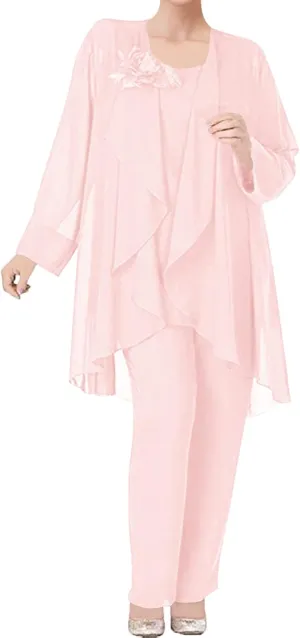 3 Pieces Mother of The Bride Dress Pant Suits Chiffon Flower Evening Formal Dress for Wedding Guest Groom Women's