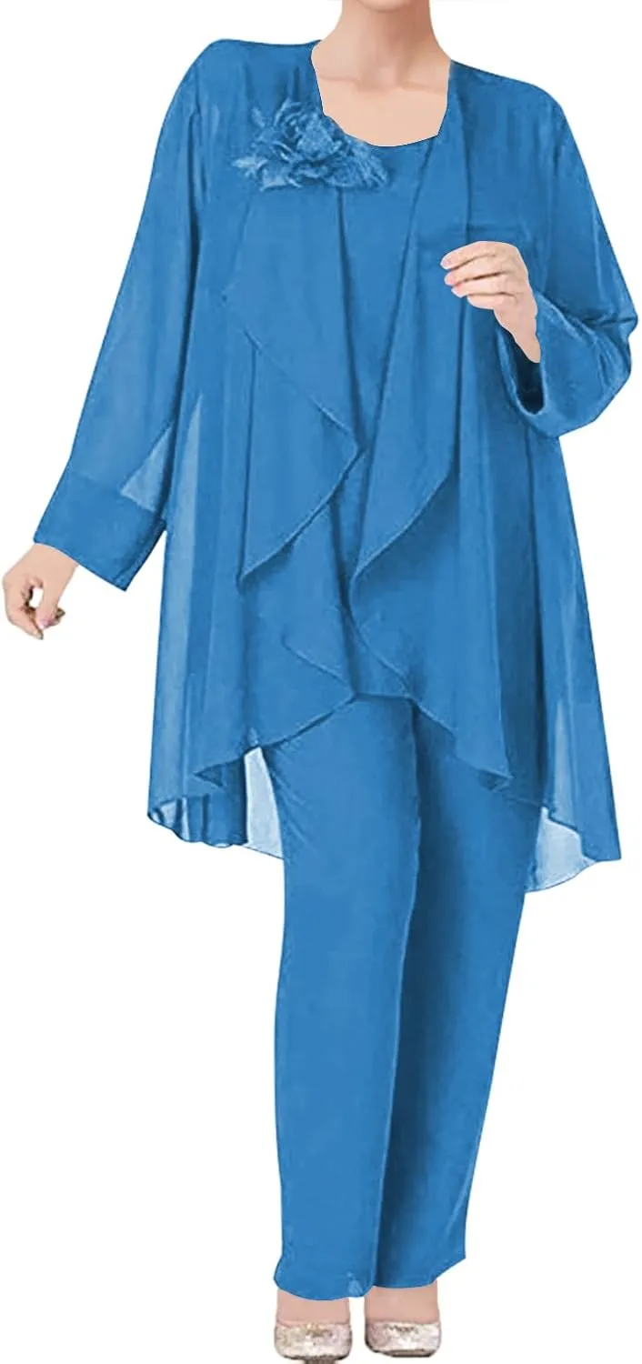 3 Pieces Mother of The Bride Dress Pant Suits Chiffon Flower Evening Formal Dress for Wedding Guest Groom Women's