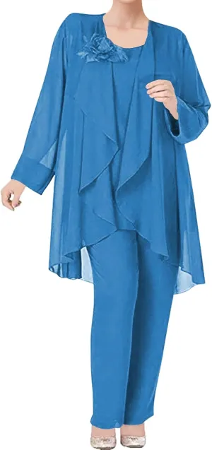 3 Pieces Mother of The Bride Dress Pant Suits Chiffon Flower Evening Formal Dress for Wedding Guest Groom Women's