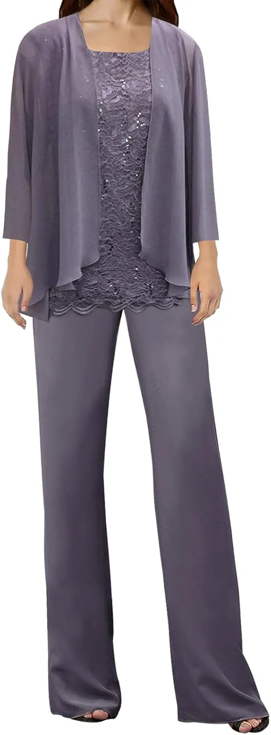 3 Pieces Mother of The Bride Dress Pant Suits Lace Evening Formal Dress for Wedding Guest Groom Women's