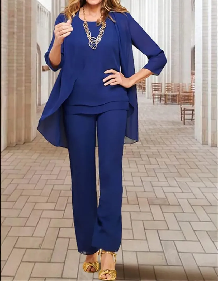 3 Pieces Mother of The Bride Dresses Pant Suits Chiffon Evening Formal Dresses for Wedding Guest Groom Tiered Jacket