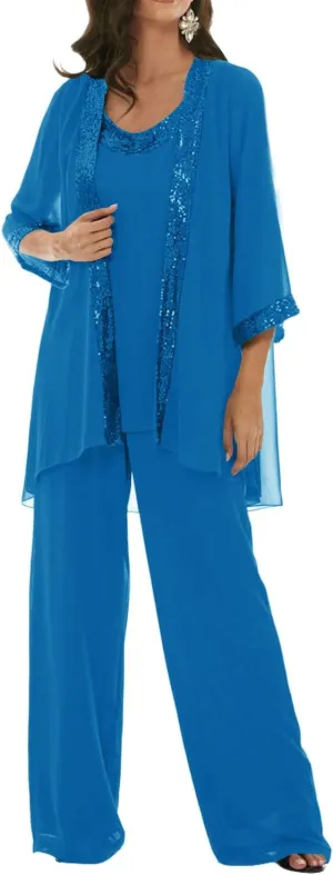 3 Pieces Mother of The Bride Dresses Pant Suits Chiffon Wedding Guest Groom Formal Outfit Sets Sequins with Jacket