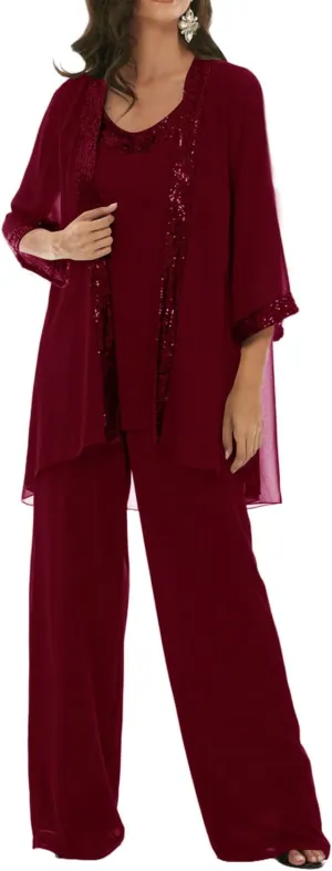 3 Pieces Mother of The Bride Dresses Pant Suits Chiffon Wedding Guest Groom Formal Outfit Sets Sequins with Jacket