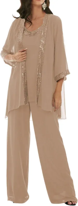 3 Pieces Mother of The Bride Dresses Pant Suits Chiffon Wedding Guest Groom Formal Outfit Sets Sequins with Jacket