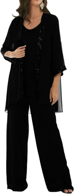 3 Pieces Mother of The Bride Dresses Pant Suits Chiffon Wedding Guest Groom Formal Outfit Sets Sequins with Jacket