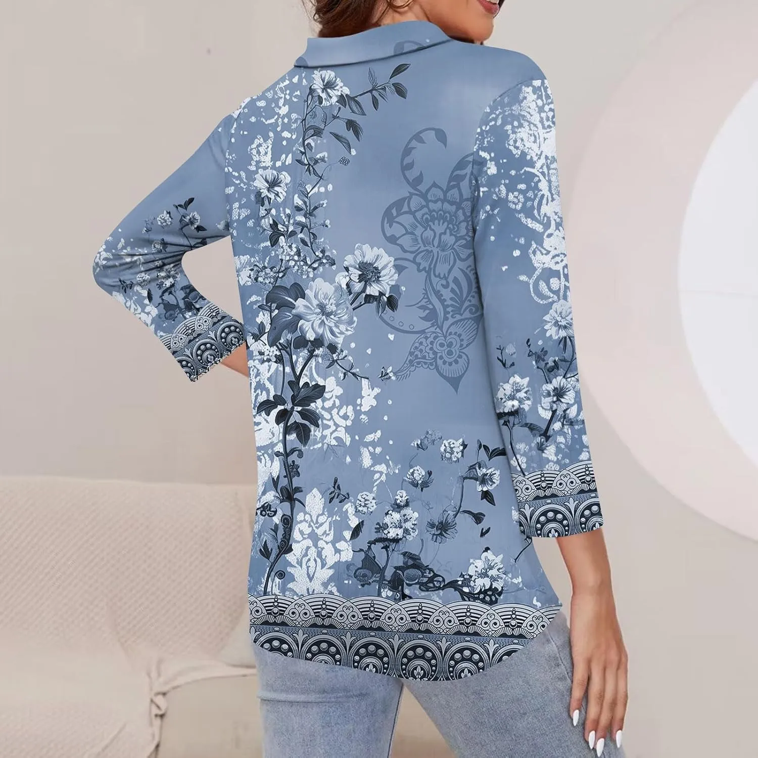 3/4 Length Sleeve Shirts for Women 2024 Trendy 1/2 Zipper Collar Lapel Tops Plain Color Tees Tunic Blouses Clothing