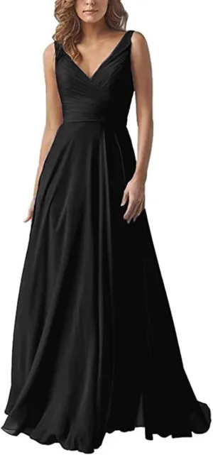 A Line Pleated Chiffon Bridesmaid Dresses Straps for Women, V Neck Prom Dresses Sleeveless Long Evening Dresses