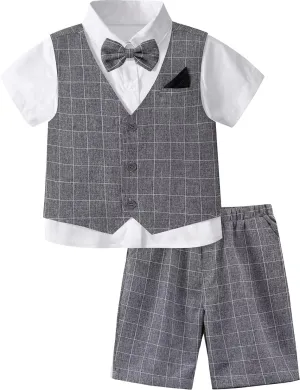 A&J DESIGN Boys' 3-Piece Suits Set Vest & Pocket Square & Shorts & Bow Tie (4-11 Years)