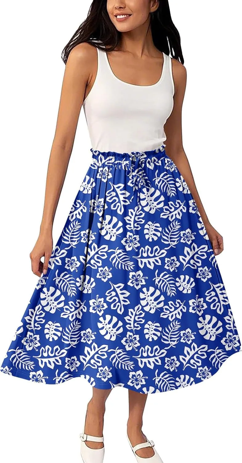ADHOWBEW Boho Skirts for Women Beach A Line Plus Size Flowy High Waisted Cute Casual Midi Length Ruffle Trendy Spring Skirts
