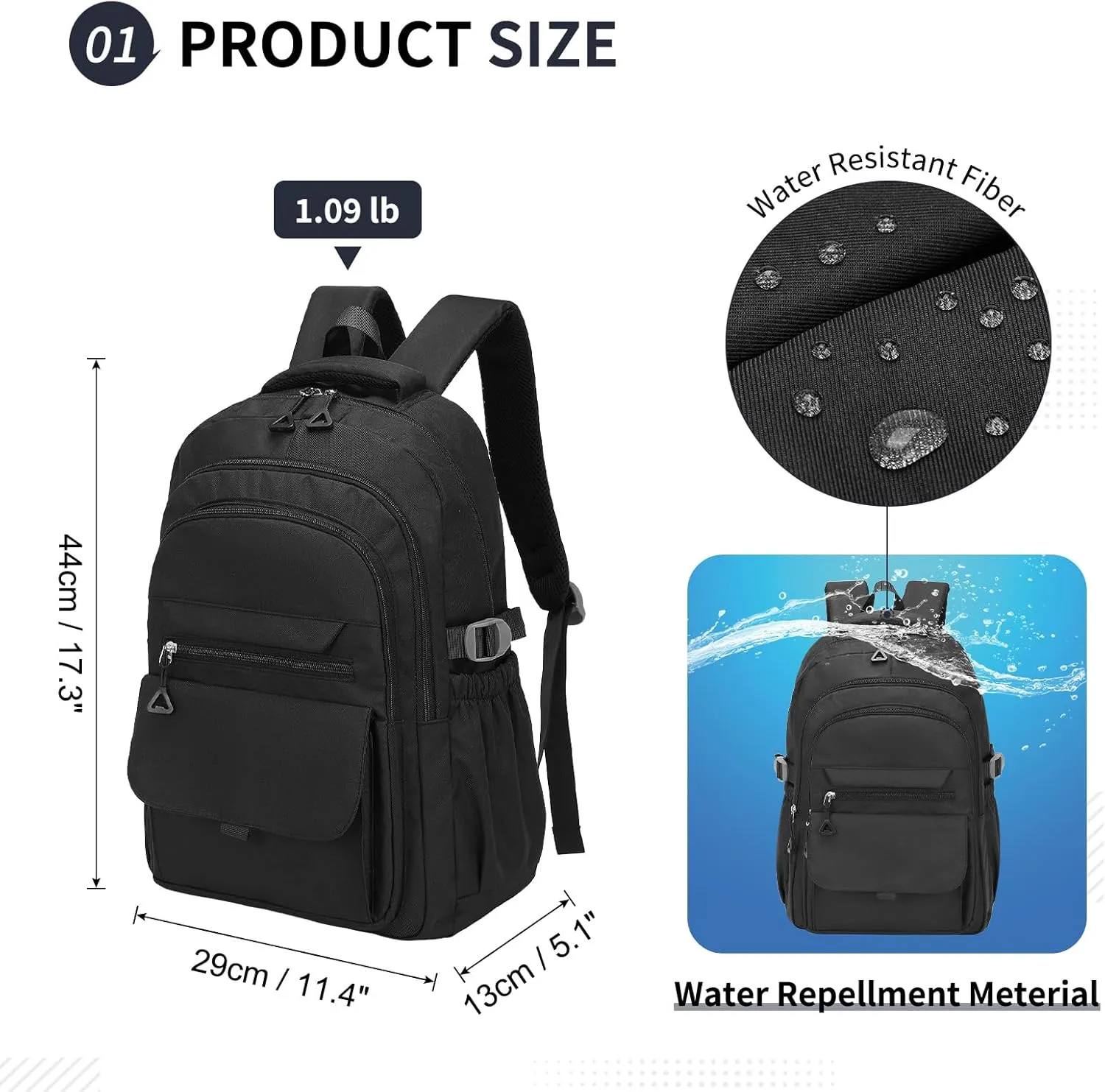 Aesthetic Daypack Backpack, Water-Resistant 15.6" Laptop Backpack for Women and Men, Featuring Touch-Fastener and Anti-Theft Pockets (Black)