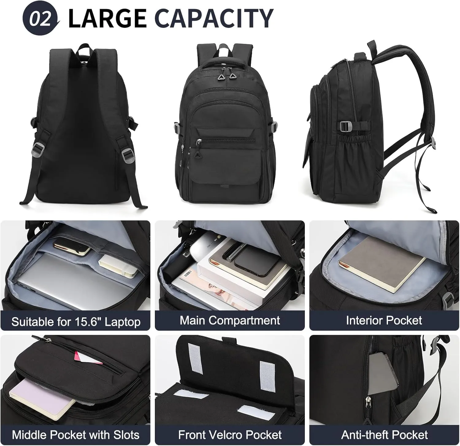 Aesthetic Daypack Backpack, Water-Resistant 15.6" Laptop Backpack for Women and Men, Featuring Touch-Fastener and Anti-Theft Pockets (Black)