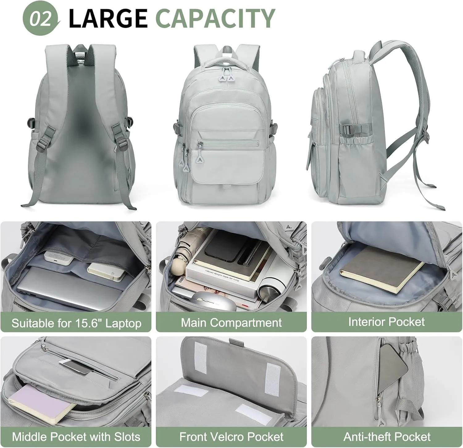 Aesthetic Daypack Backpack, Water-Resistant 15.6" Laptop Backpack for Women and Men, Featuring Touch-Fastener and Anti-Theft Pockets (Gray)