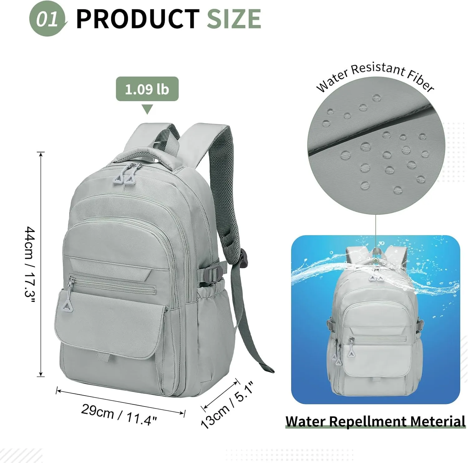 Aesthetic Daypack Backpack, Water-Resistant 15.6" Laptop Backpack for Women and Men, Featuring Touch-Fastener and Anti-Theft Pockets (Gray)