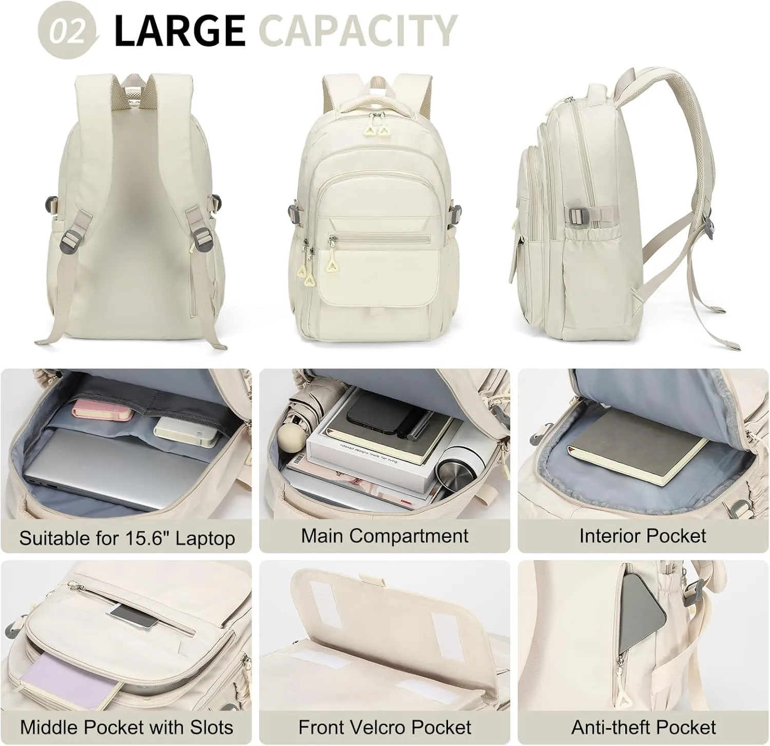 Aesthetic Daypack Backpack, Water-Resistant 15.6" Laptop Backpack for Women and Men, Featuring Touch-Fastener and Anti-Theft Pockets (White)