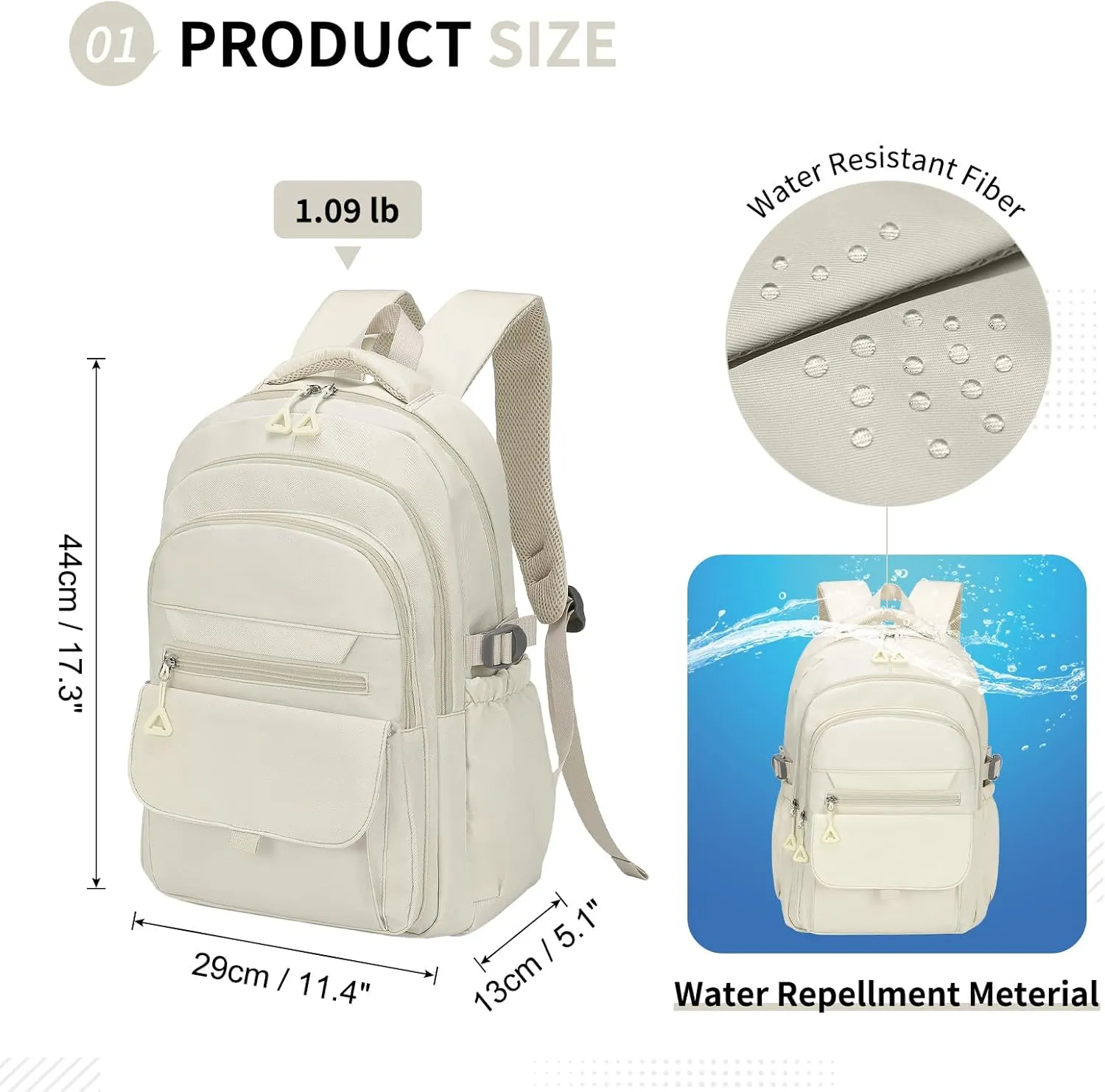 Aesthetic Daypack Backpack, Water-Resistant 15.6" Laptop Backpack for Women and Men, Featuring Touch-Fastener and Anti-Theft Pockets (White)