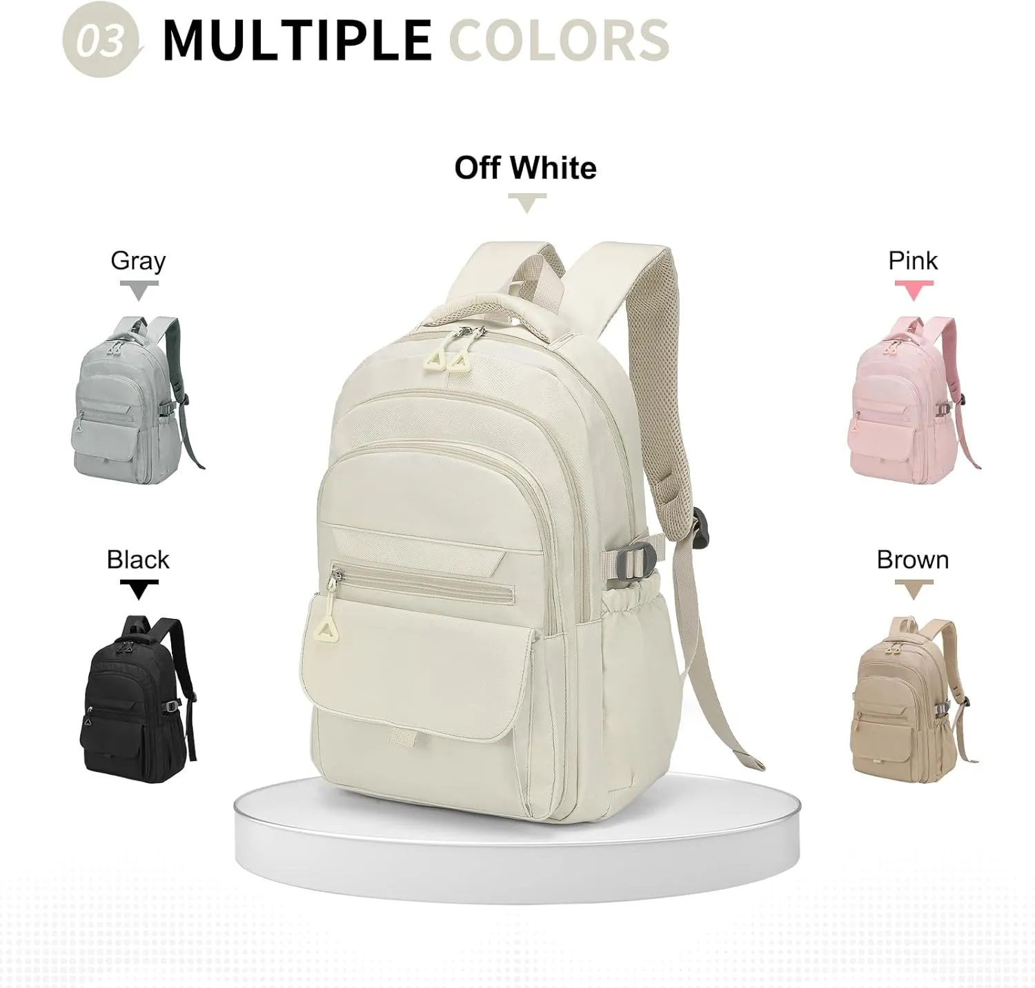 Aesthetic Daypack Backpack, Water-Resistant 15.6" Laptop Backpack for Women and Men, Featuring Touch-Fastener and Anti-Theft Pockets (White)