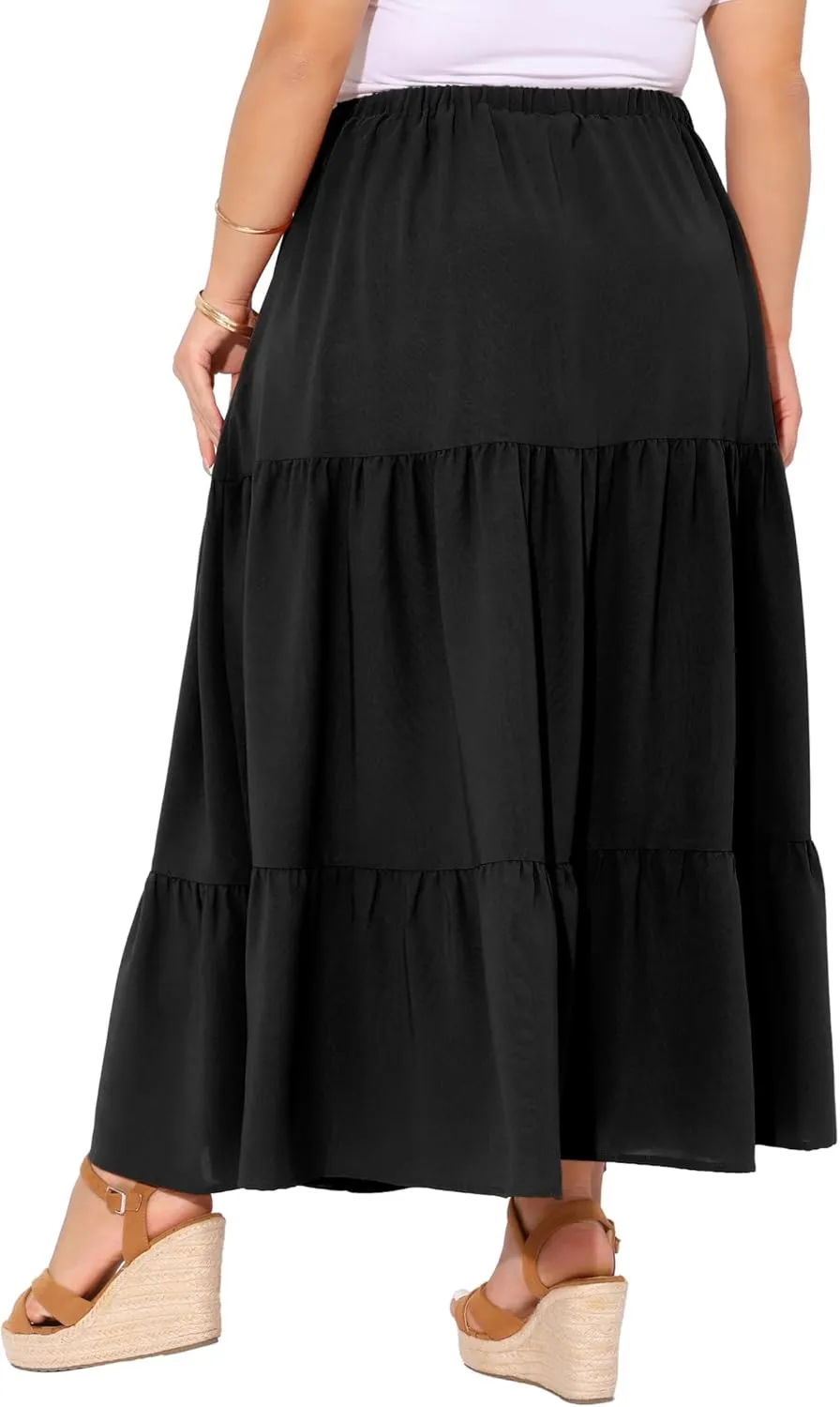 Agnes Orinda Plus Size Women's Swing Maxi Skirt Elastic High Waist Boho Flowy Casual Aline Long Beach Skirts