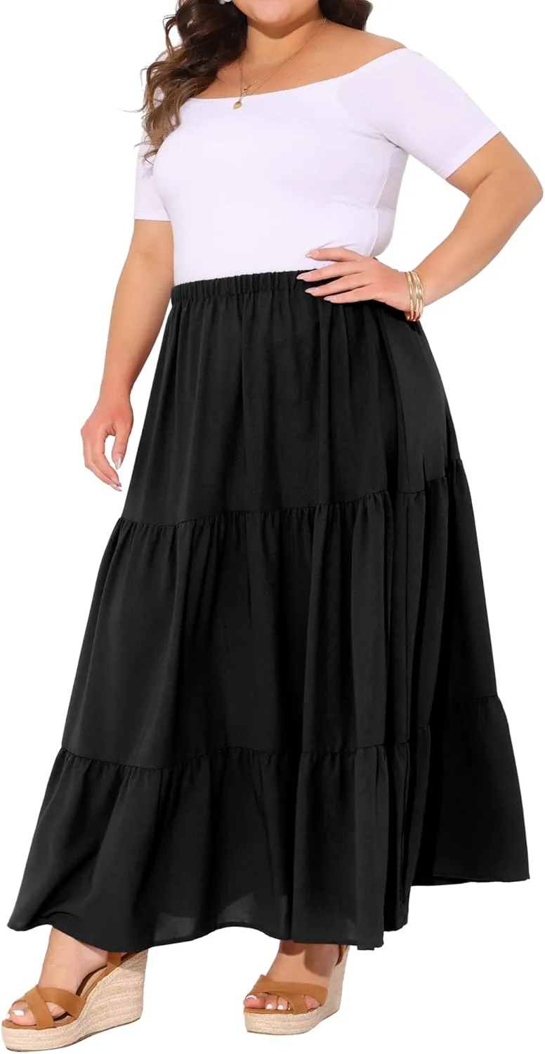Agnes Orinda Plus Size Women's Swing Maxi Skirt Elastic High Waist Boho Flowy Casual Aline Long Beach Skirts