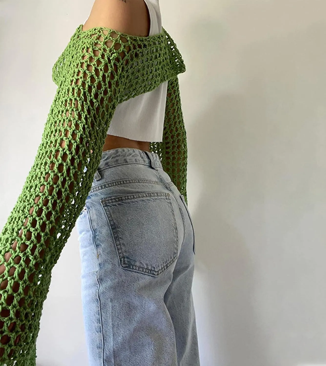 Aimiray Women's Sexy Mesh Crochet Crop Top Hollow Out Beach Cover Ups See Through Long Sleeve Y2k Knit Sweater Tees