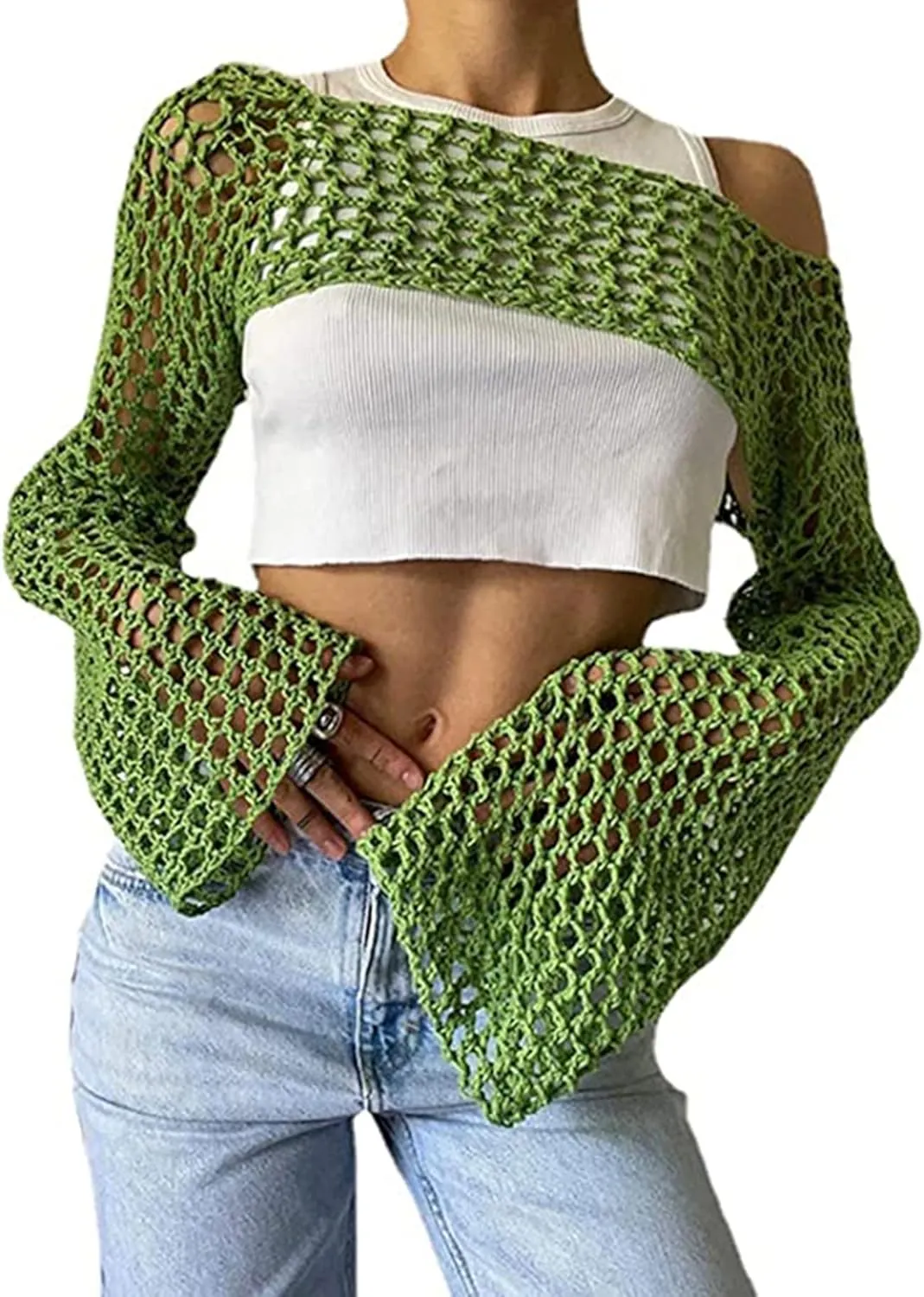 Aimiray Women's Sexy Mesh Crochet Crop Top Hollow Out Beach Cover Ups See Through Long Sleeve Y2k Knit Sweater Tees