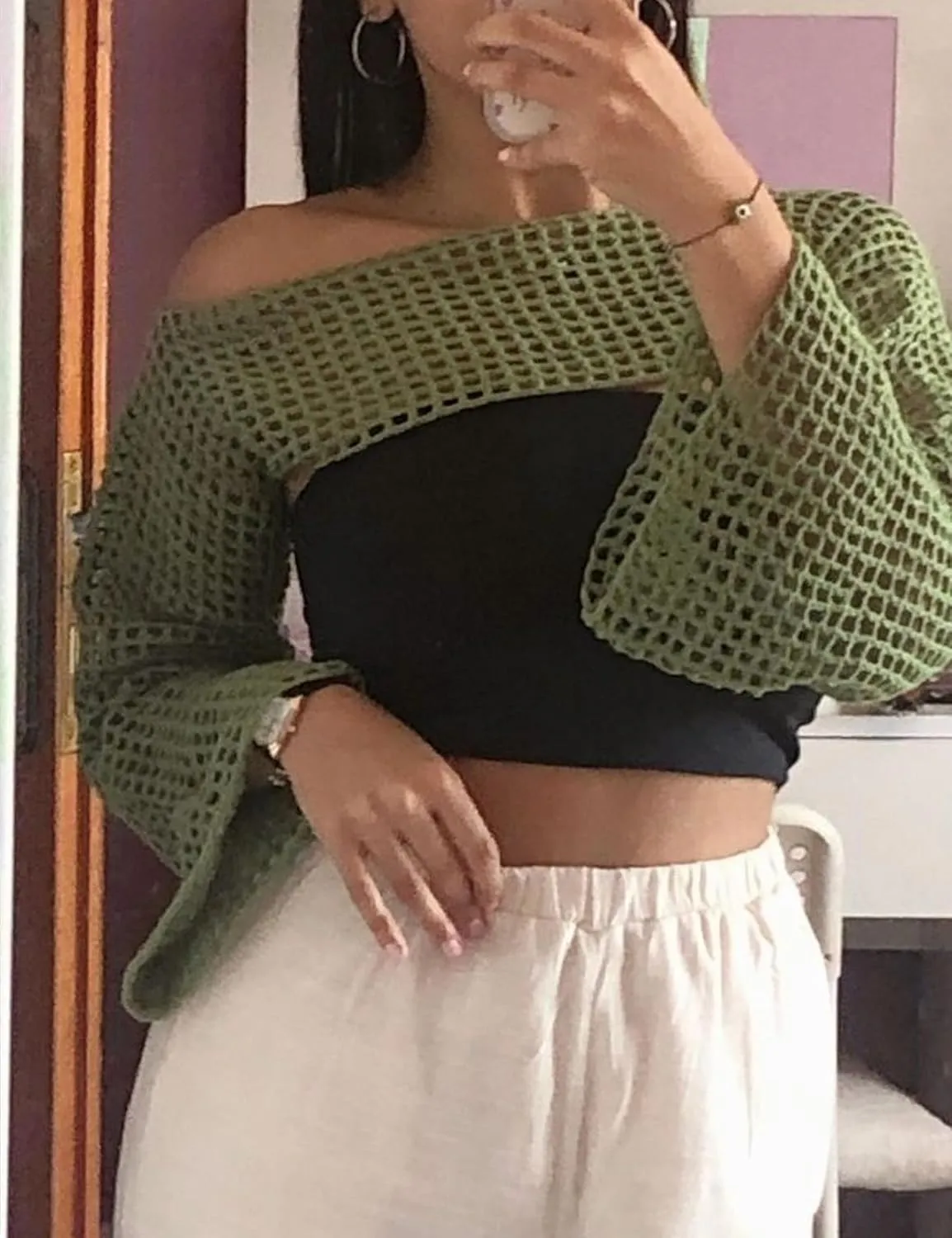 Aimiray Women's Sexy Mesh Crochet Crop Top Hollow Out Beach Cover Ups See Through Long Sleeve Y2k Knit Sweater Tees