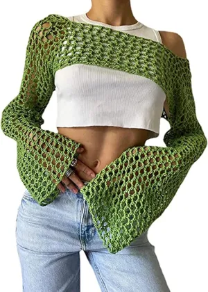 Aimiray Women's Sexy Mesh Crochet Crop Top Hollow Out Beach Cover Ups See Through Long Sleeve Y2k Knit Sweater Tees
