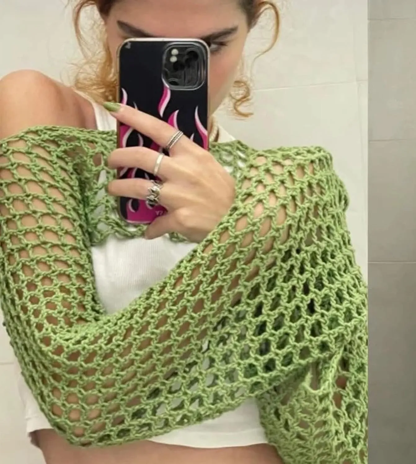 Aimiray Women's Sexy Mesh Crochet Crop Top Hollow Out Beach Cover Ups See Through Long Sleeve Y2k Knit Sweater Tees