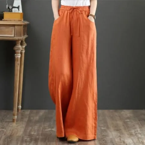 Akivide Womens Cotton Linen Palazzo Pants Drawstring Elastic High Waist Casual Wide Leg Trousers with Pockets