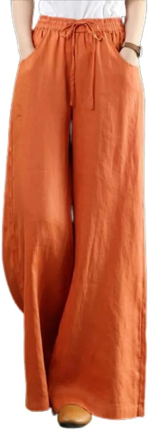 Akivide Womens Cotton Linen Palazzo Pants Drawstring Elastic High Waist Casual Wide Leg Trousers with Pockets