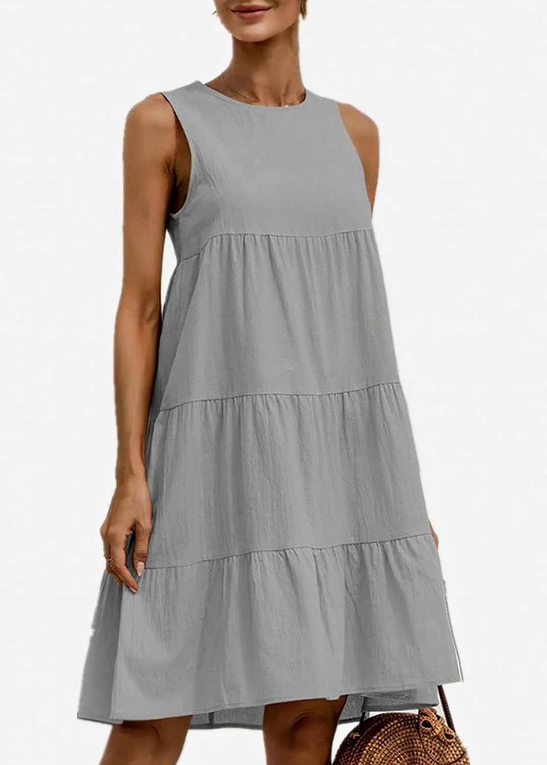 Akivide Women's Summer Cotton Linen Sleeveless Tank Dress Crew Neck Casual Loose Tunic A Line Beach Dresses