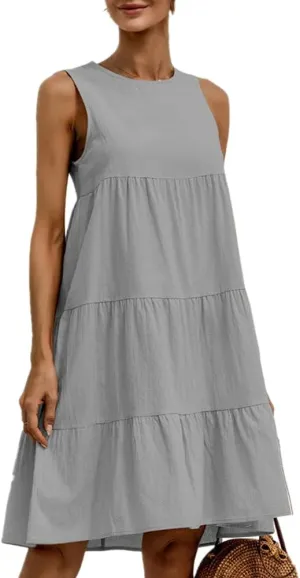 Akivide Women's Summer Cotton Linen Sleeveless Tank Dress Crew Neck Casual Loose Tunic A Line Beach Dresses