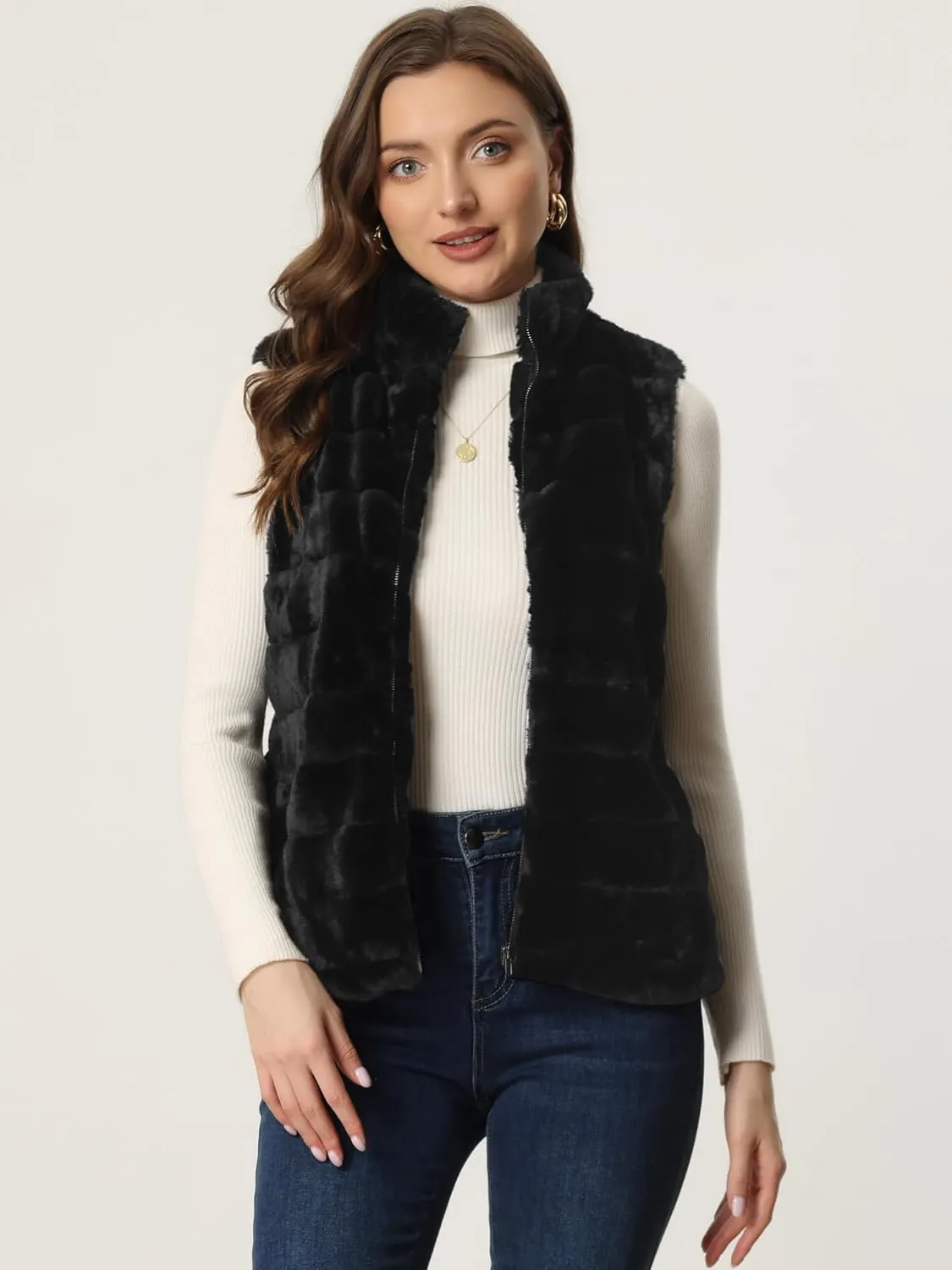 Allegra K Faux Fur Vest for Women's Zip-Up Sleeveless Fur Jacket