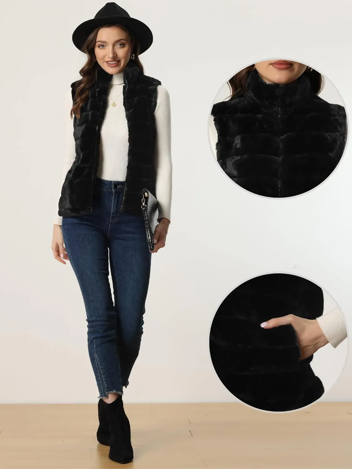 Allegra K Faux Fur Vest for Women's Zip-Up Sleeveless Fur Jacket