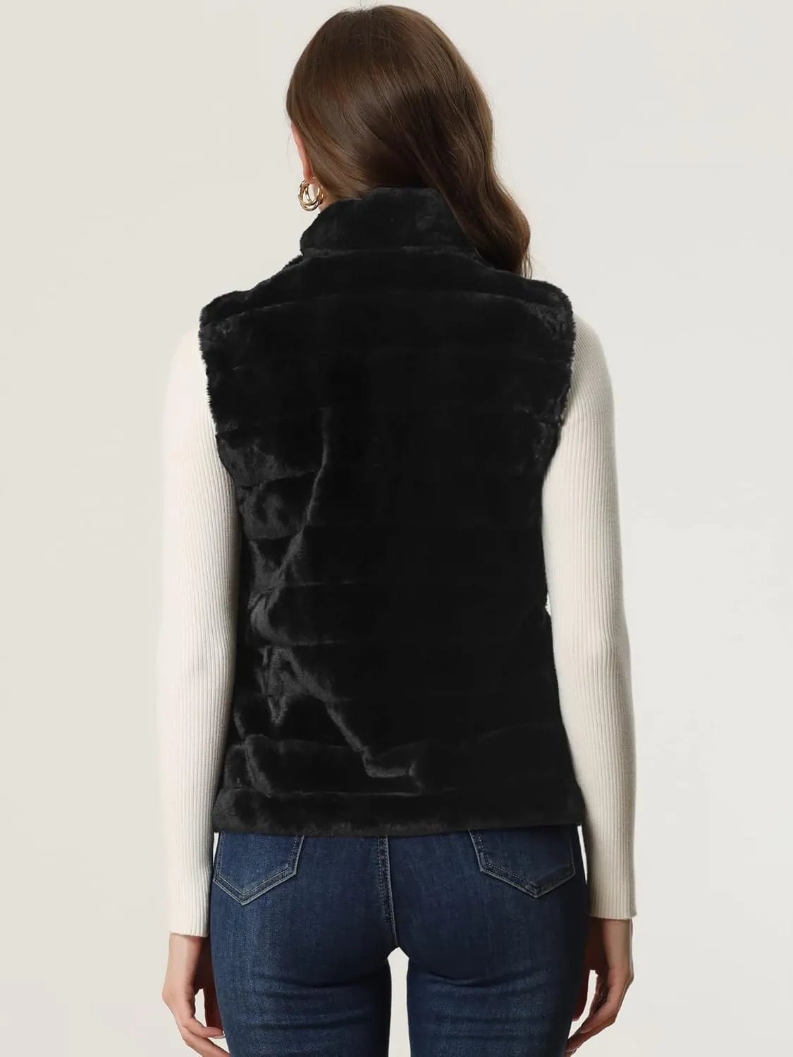 Allegra K Faux Fur Vest for Women's Zip-Up Sleeveless Fur Jacket