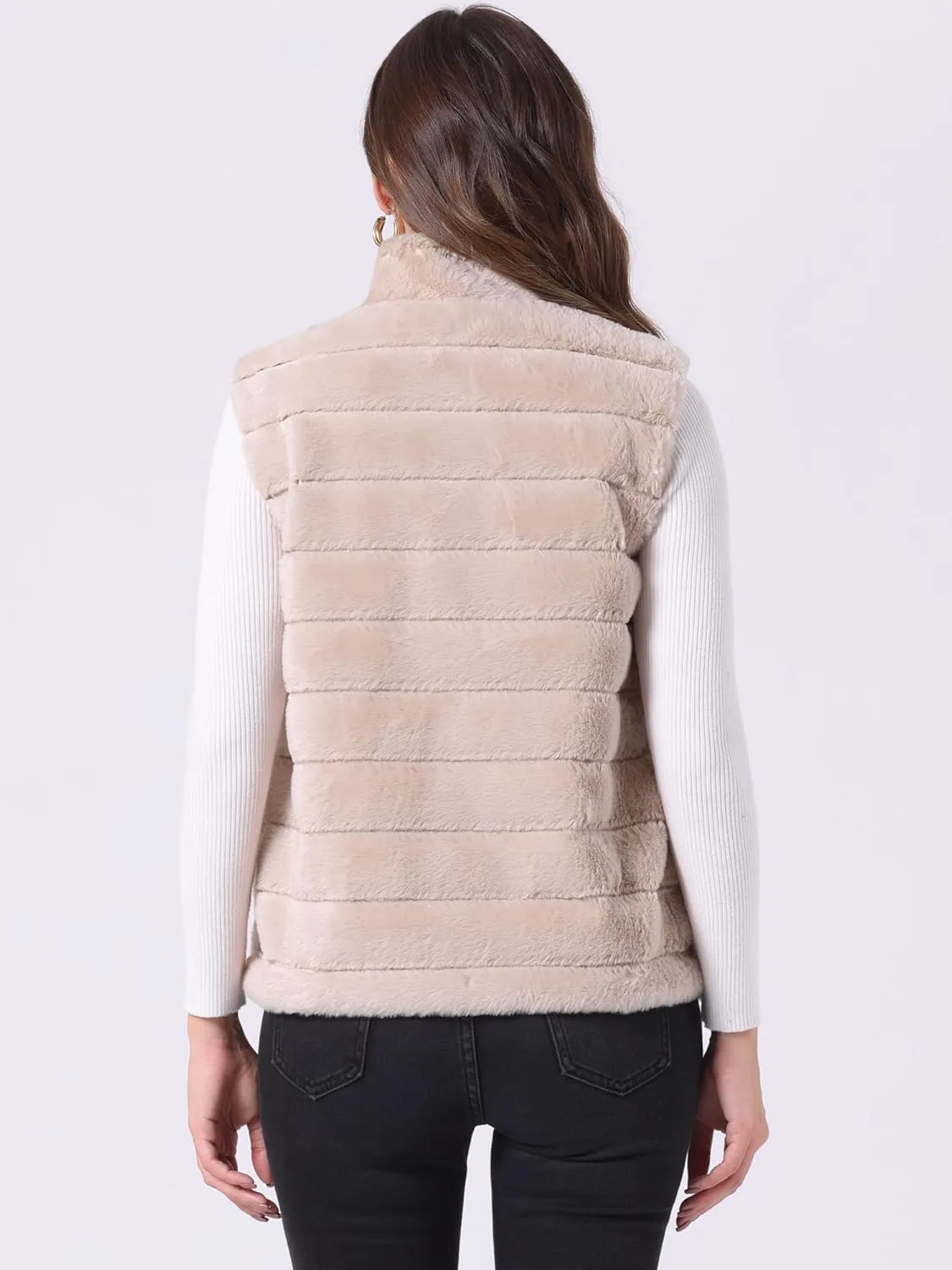 Allegra K Faux Fur Vest for Women's Zip-Up Sleeveless Fur Jacket