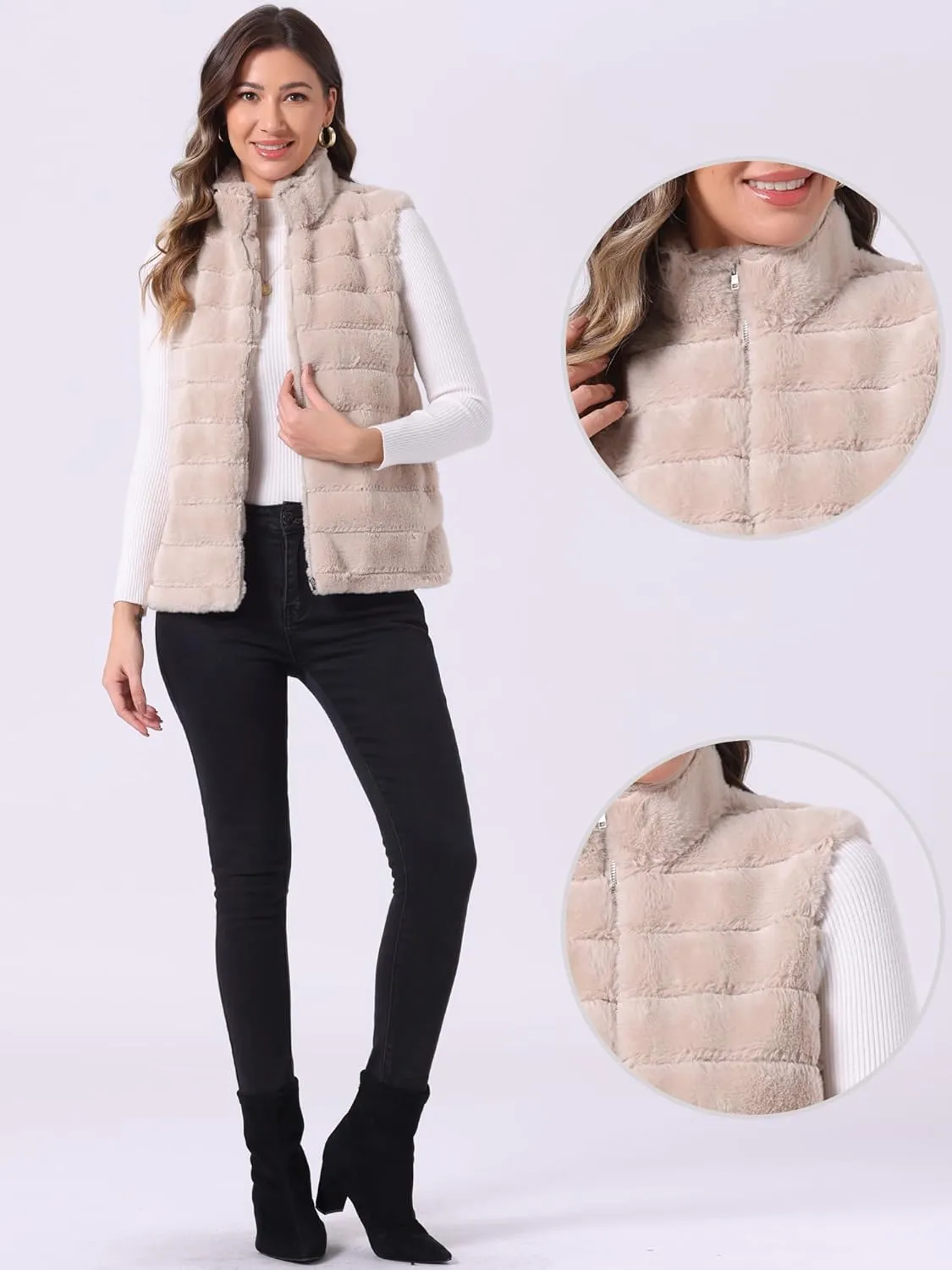 Allegra K Faux Fur Vest for Women's Zip-Up Sleeveless Fur Jacket