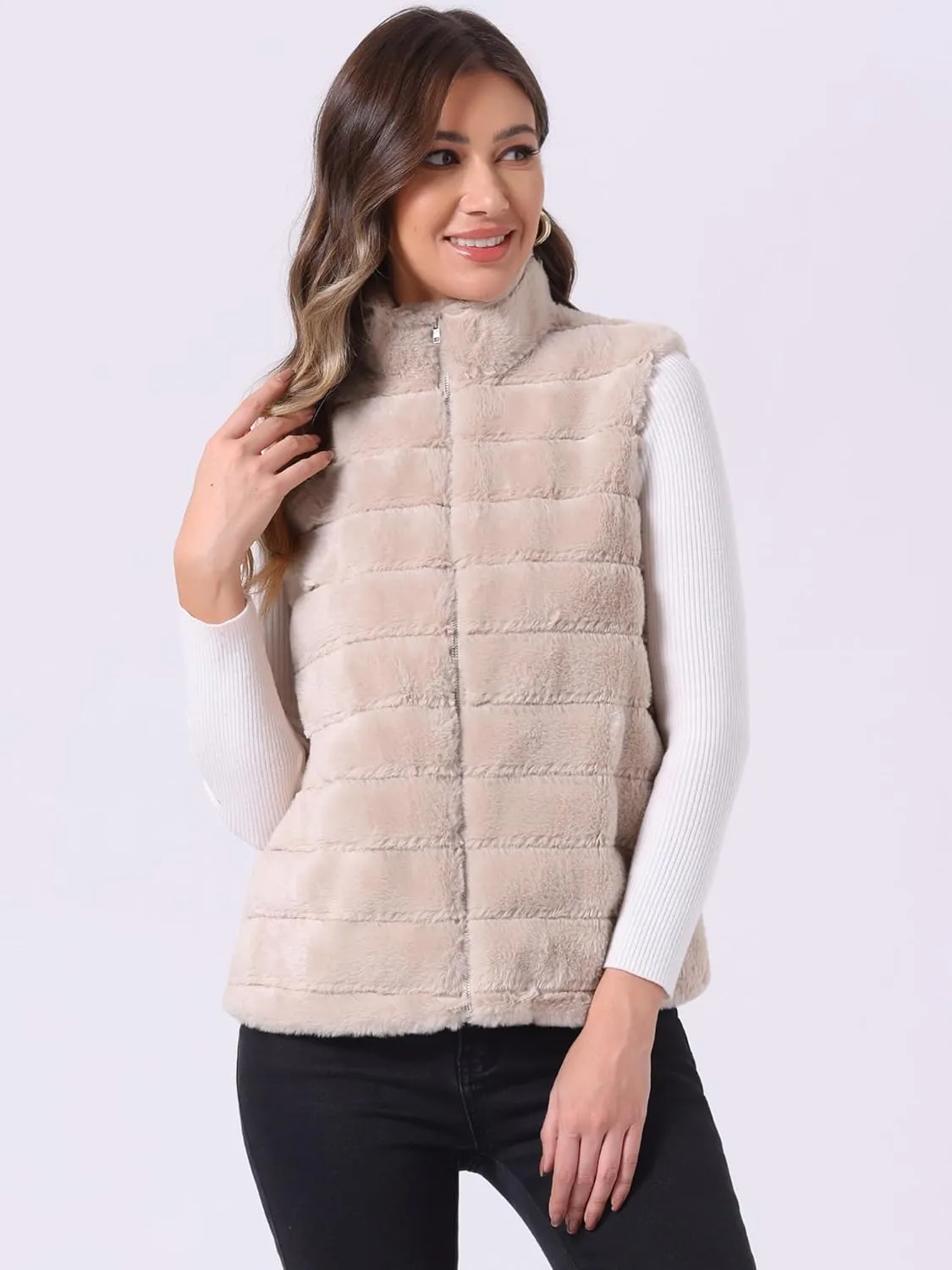Allegra K Faux Fur Vest for Women's Zip-Up Sleeveless Fur Jacket