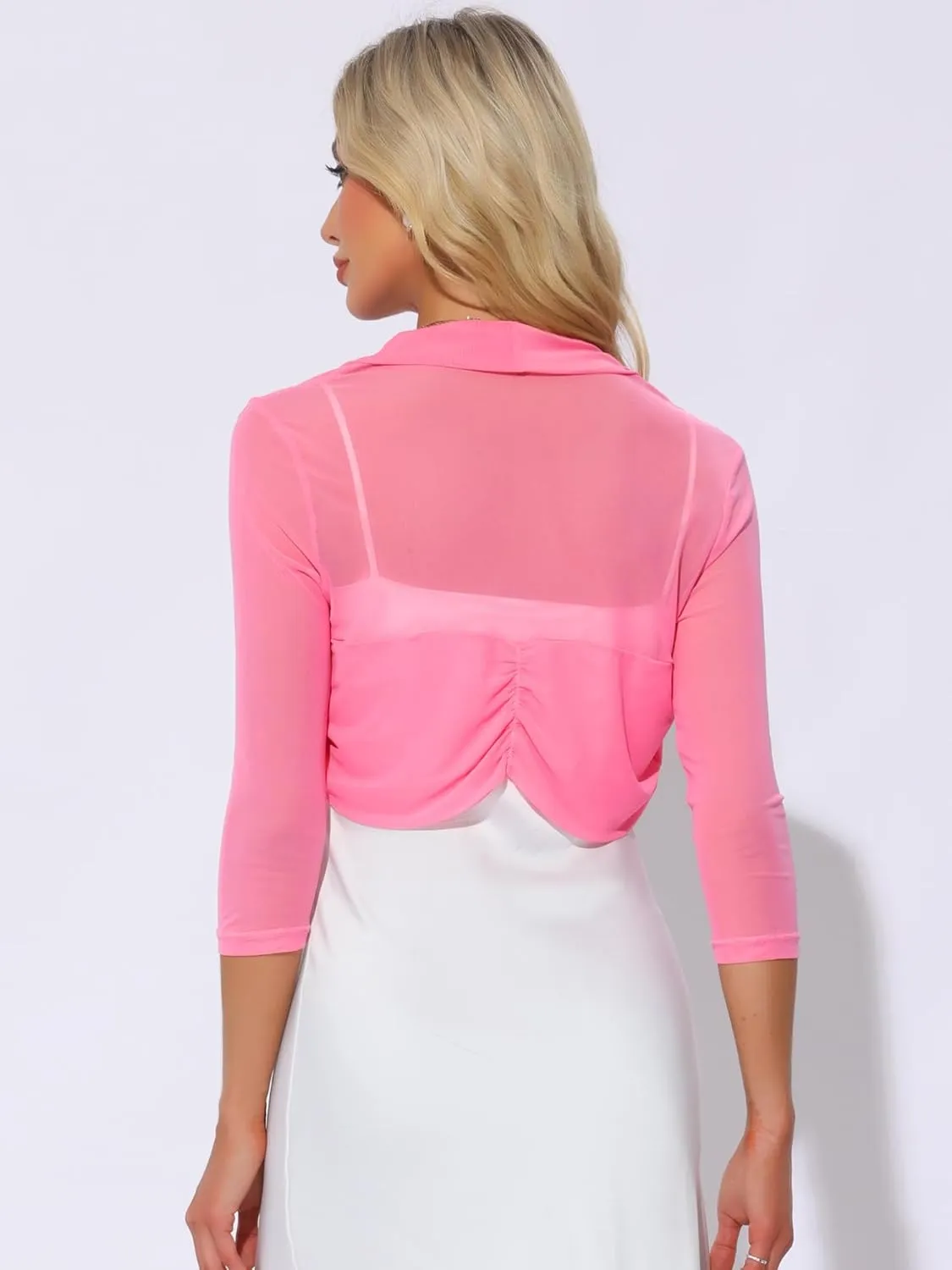 Allegra K Women's 3/4 Sleeve Sheer Mesh Shrug Open Front Cropped Bolero Cardigan