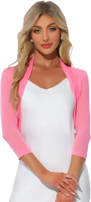 Allegra K Women's 3/4 Sleeve Sheer Mesh Shrug Open Front Cropped Bolero Cardigan