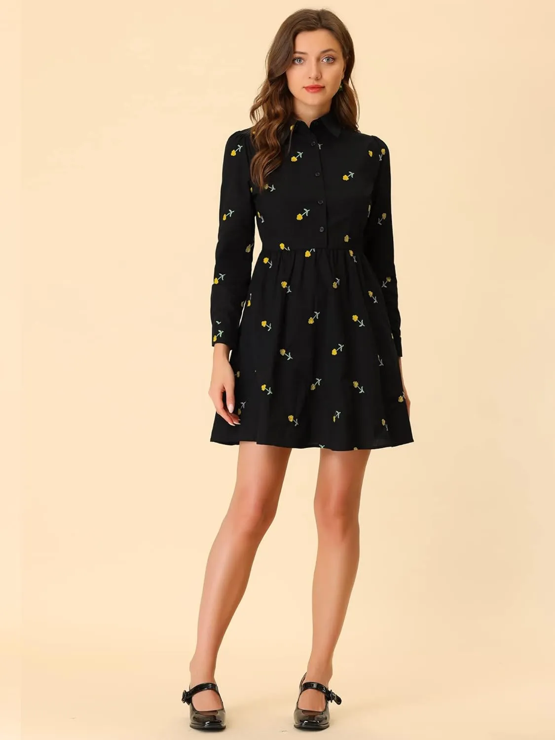 Allegra K Women's Casual Shirt Dress Long Sleeve Half Placket Embroidered Floral Mini Dresses