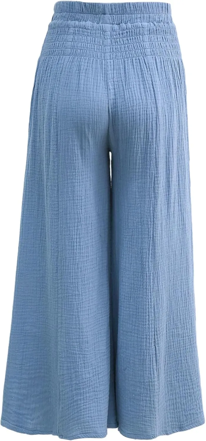 Amazhiyu Women's Cotton Gauze Wide Leg High-Waist Casual Palazzo Summer Pants